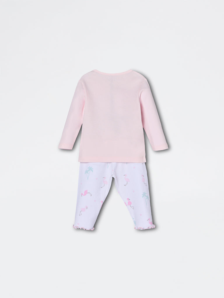 HOP Baby Girls Pink Bird Pattern Cotton T-Shirt and Pants Set - Exclusive