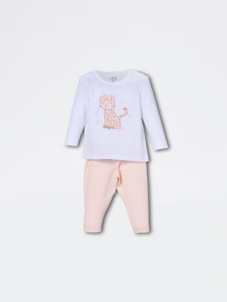 HOP Baby Girls White Cat Design Cotton T-Shirt and Pants Set - Exclusive