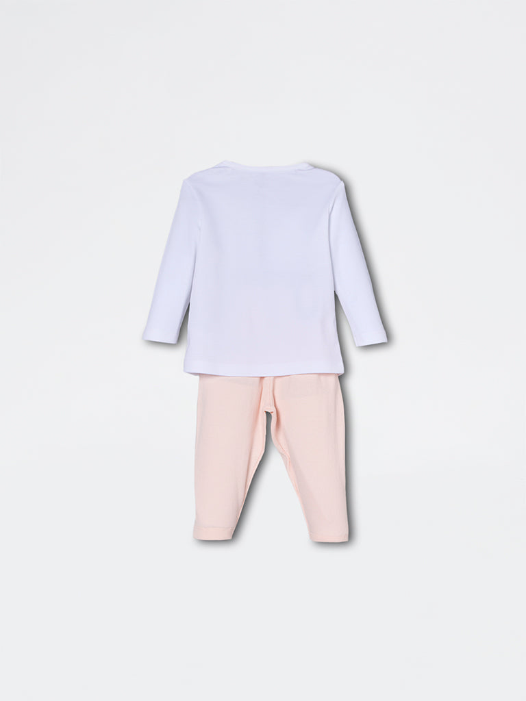 HOP Baby Girls White Cat Design Cotton T-Shirt and Pants Set - Exclusive