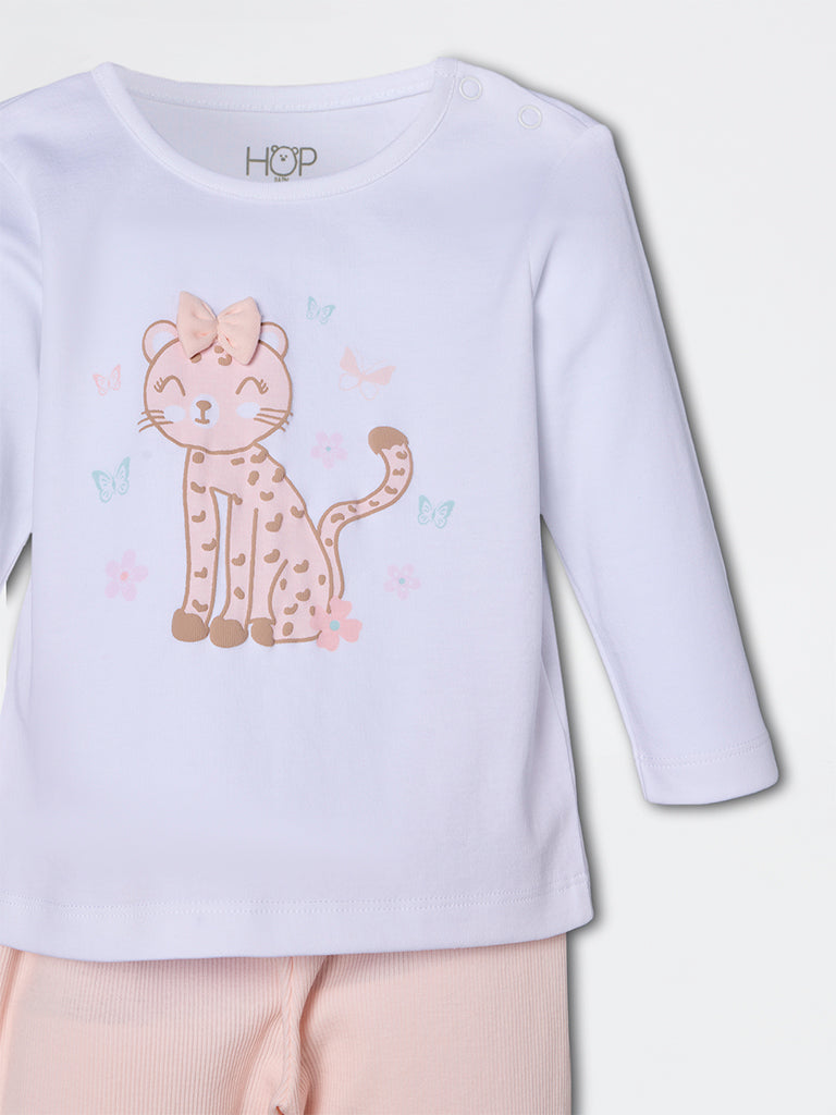 HOP Baby Girls White Cat Design Cotton T-Shirt and Pants Set - Exclusive