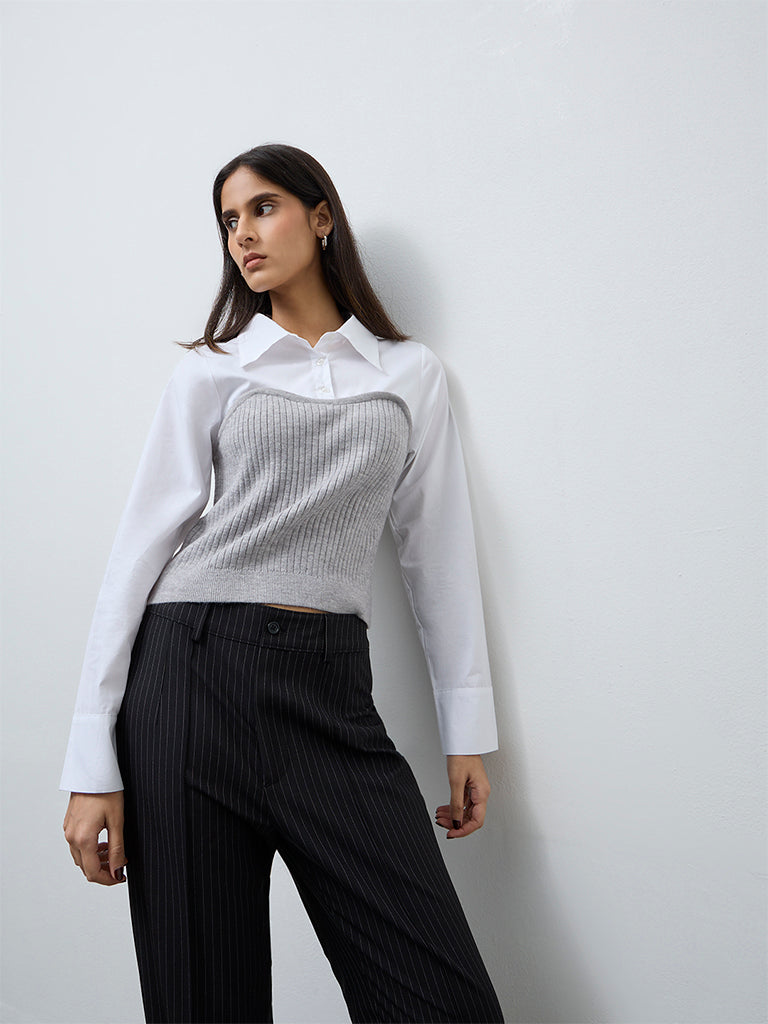 Wardrobe Grey Layered Ribbed Cotton Blouse