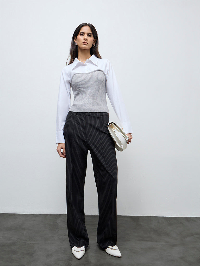 Wardrobe Grey Layered Ribbed Cotton Blouse