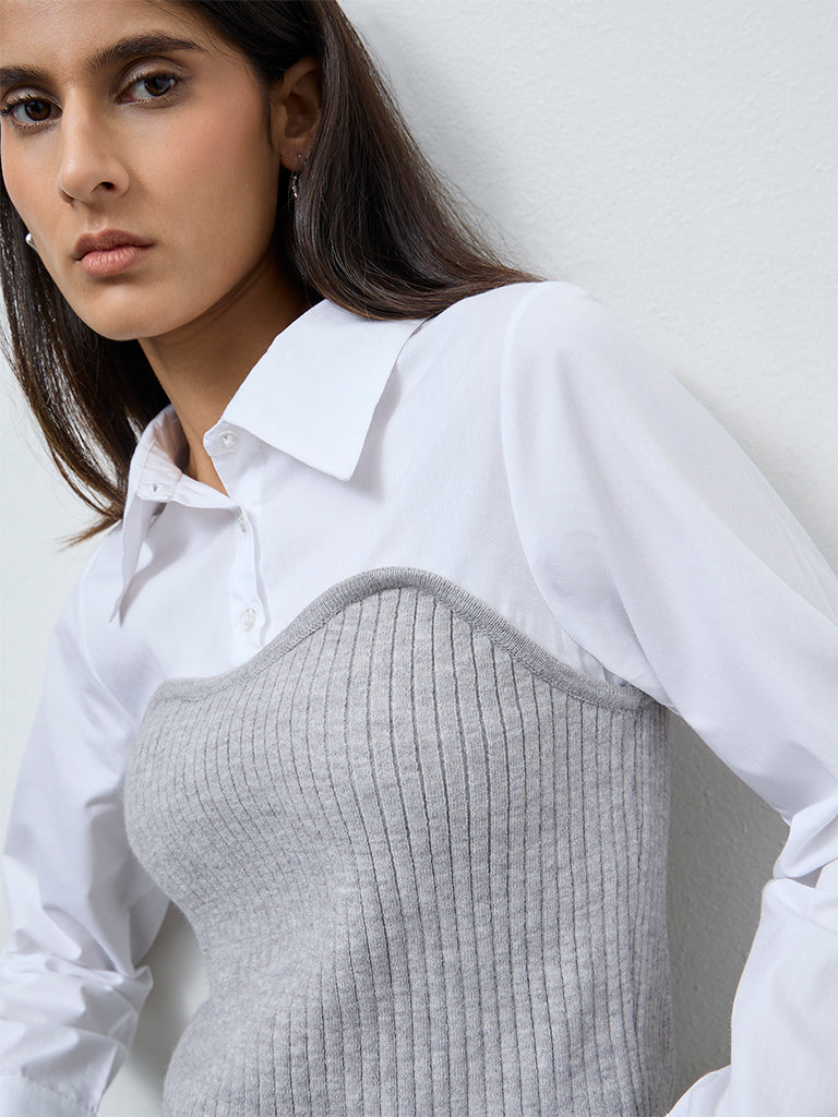 Wardrobe Grey Layered Ribbed Cotton Blouse