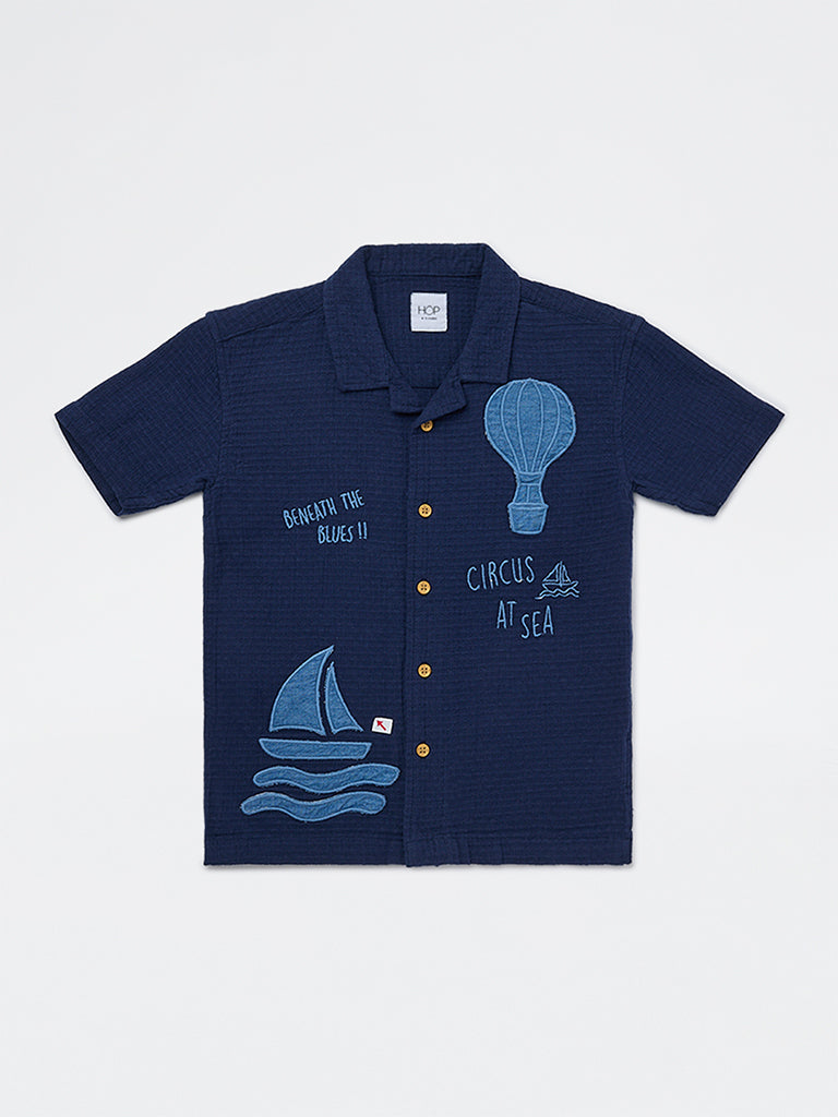 HOP Kids Boys Navy Embroidered Cotton Shirt
