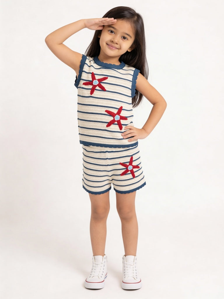 HOP Kids Girls Cream Crochet Knitted High-Rise Cotton Shorts