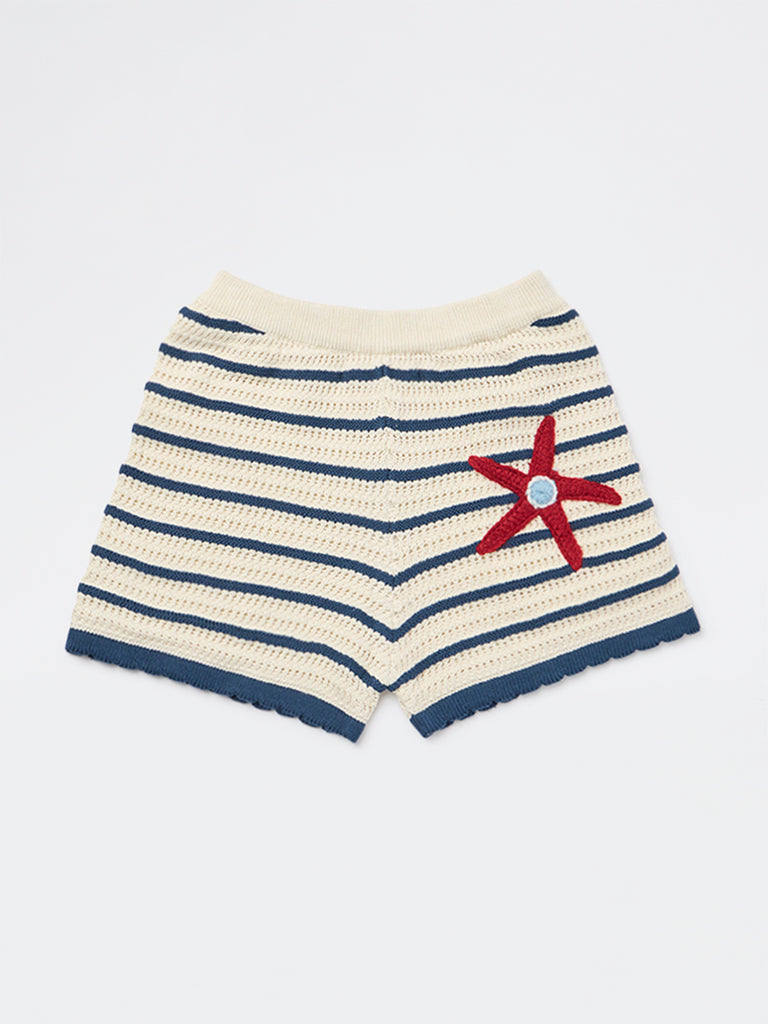HOP Kids Girls Cream Crochet Knitted High-Rise Cotton Shorts