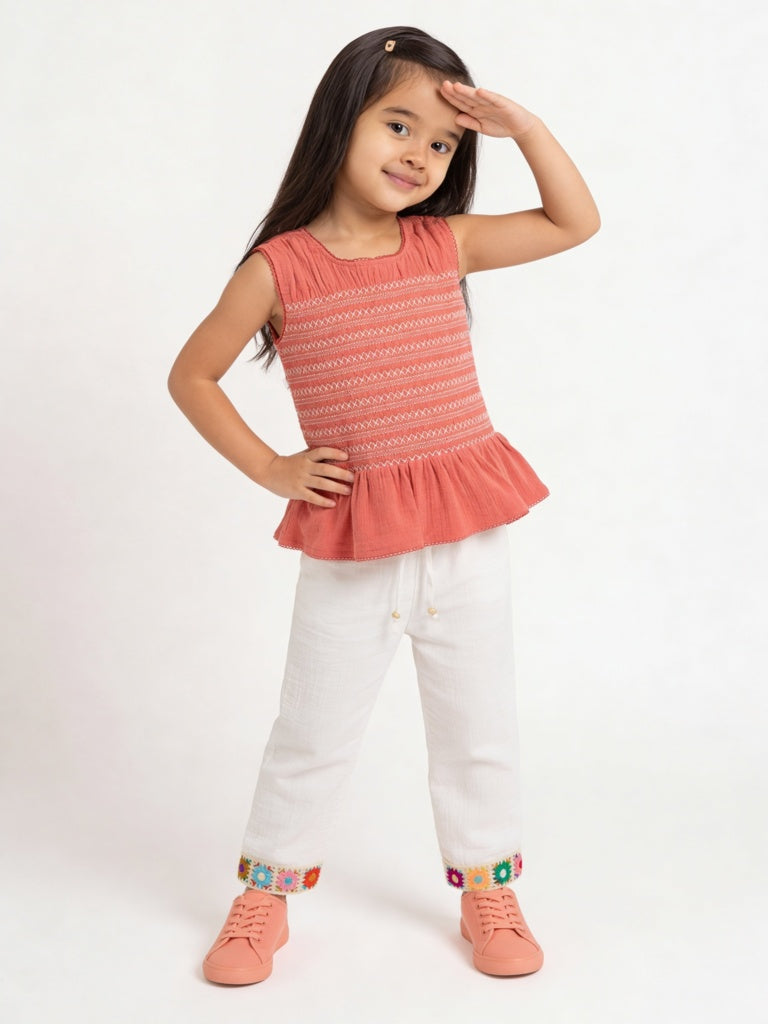 HOP Kids Girls Dusty Orange Embroidered Cotton Top