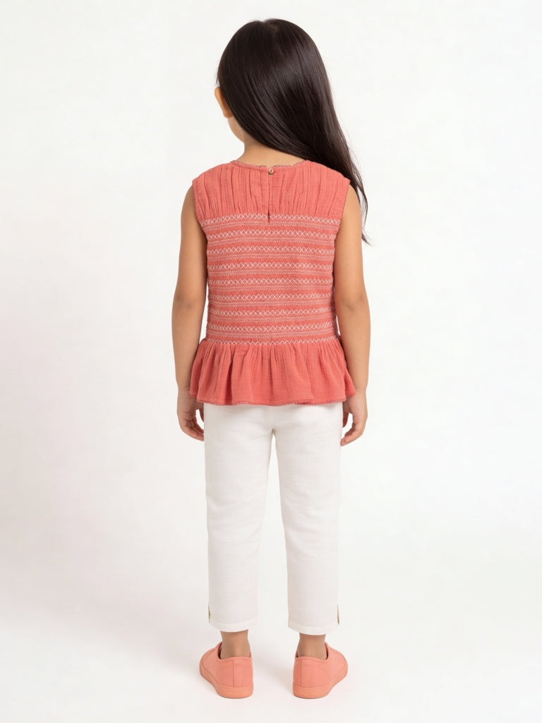 HOP Kids Girls Dusty Orange Embroidered Cotton Top