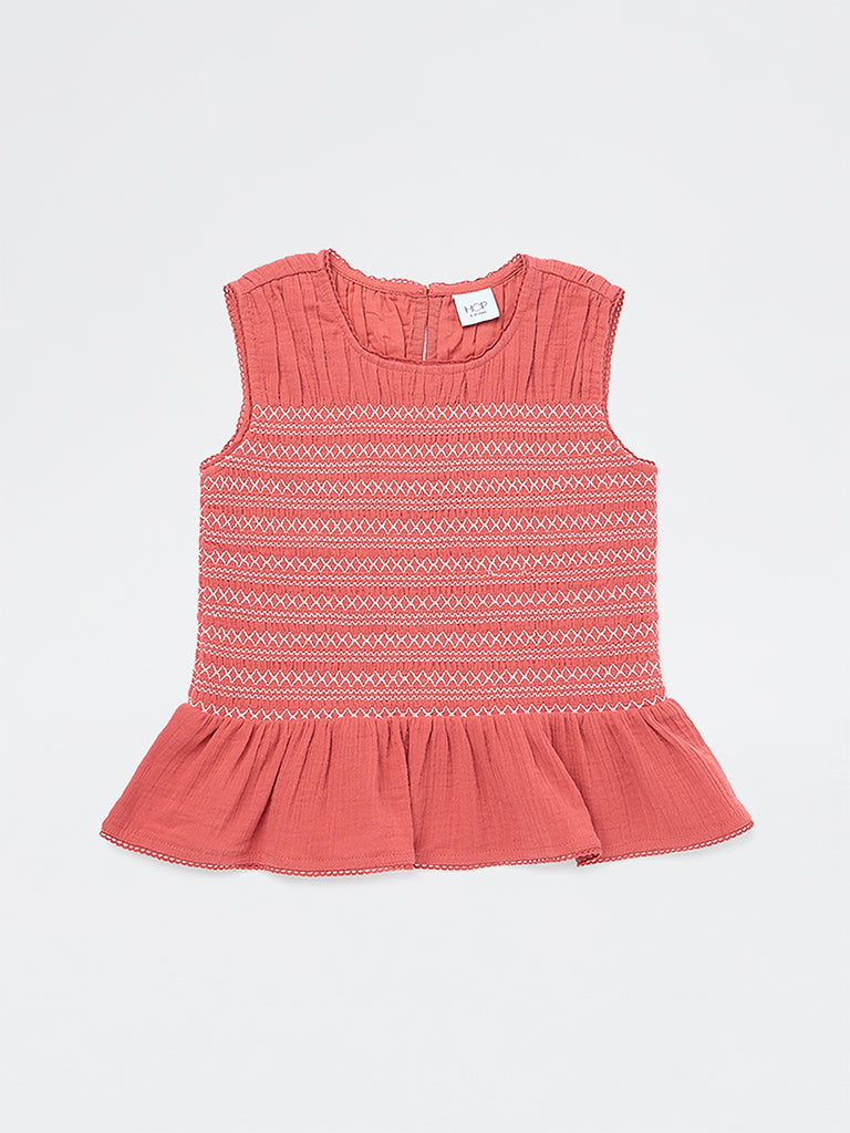 HOP Kids Girls Dusty Orange Embroidered Cotton Top