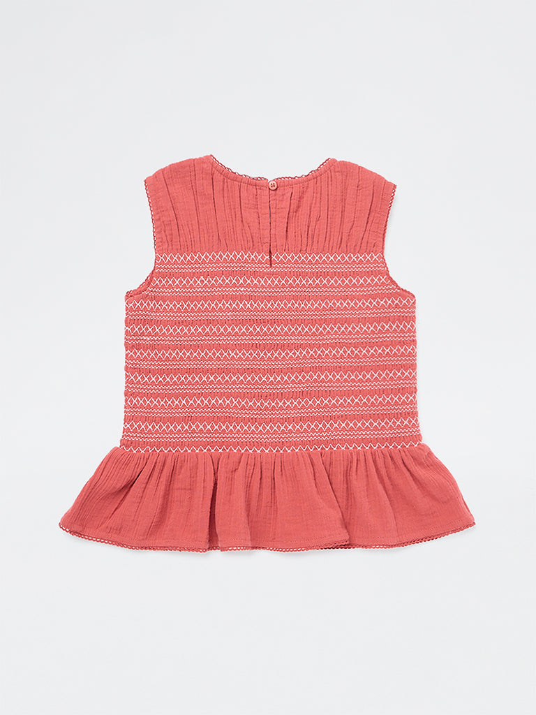 HOP Kids Girls Dusty Orange Embroidered Cotton Top