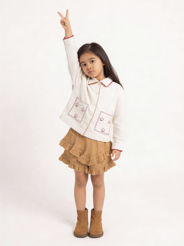 HOP Kids Girls Cream Textured Embroidered Cotton Shirt