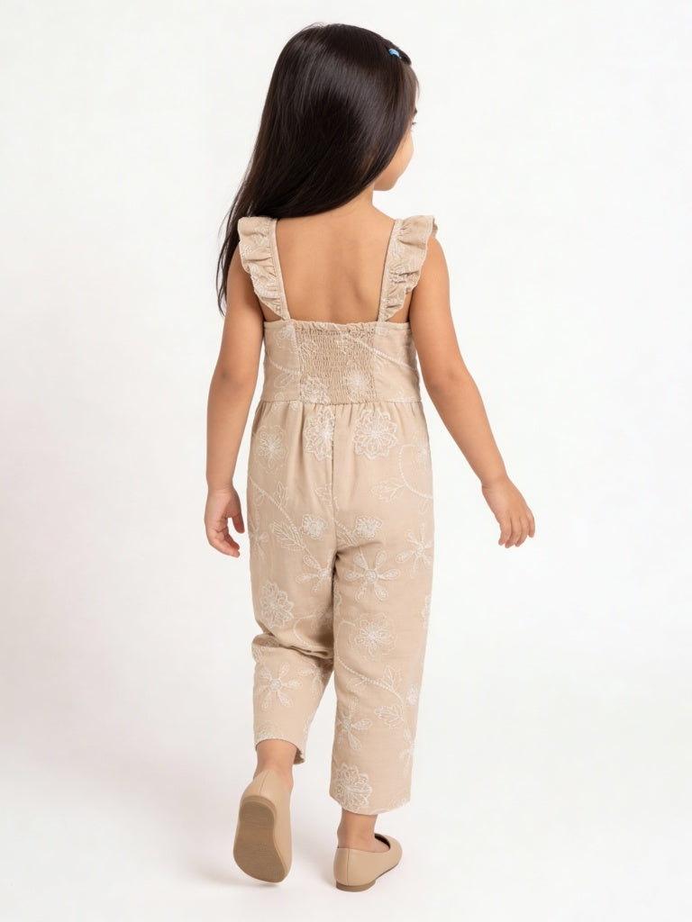 HOP Kids Girls Taupe Floral Embroidered Cotton Jumpsuit