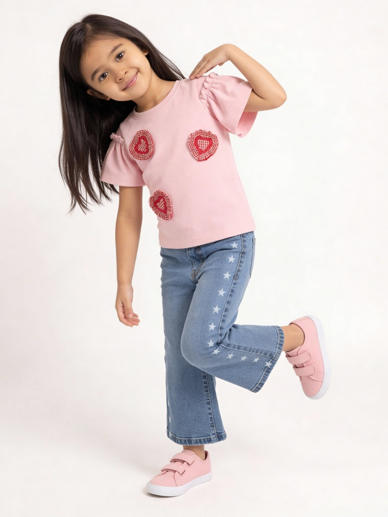 HOP Kids Girls Pink Hearts Embroidered Cotton Top
