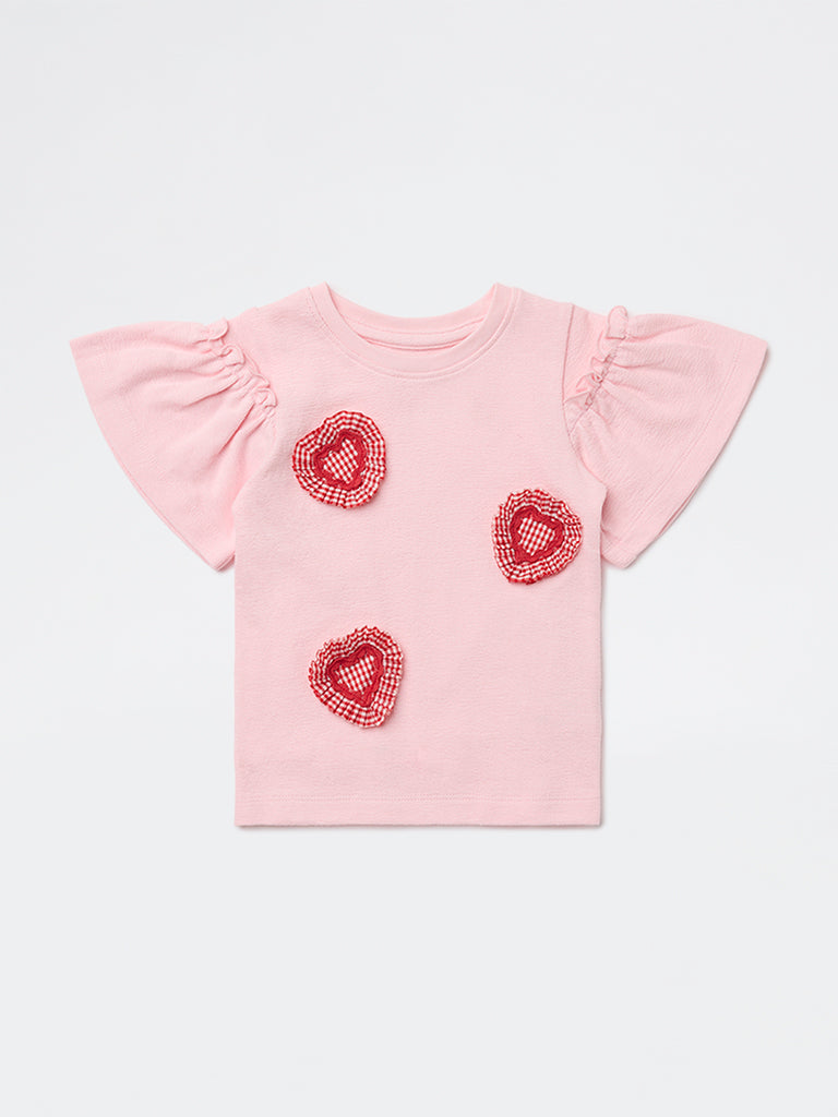 HOP Kids Girls Pink Hearts Embroidered Cotton Top