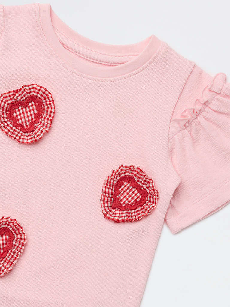 HOP Kids Girls Pink Hearts Embroidered Cotton Top