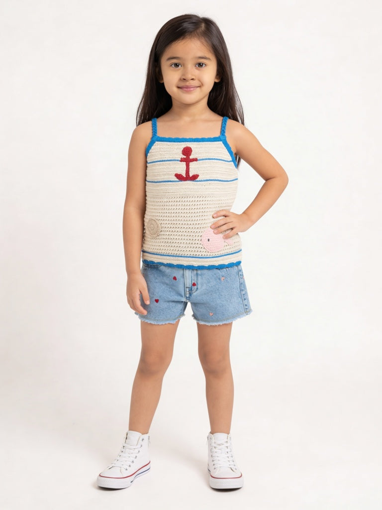 HOP Kids Girls Cream Crochet Knitted Cotton Top