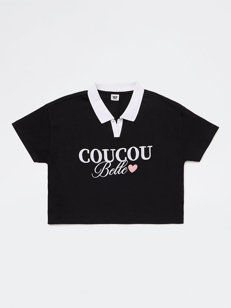 Y&F Kids Girls Black Embroidered Cotton T-Shirt