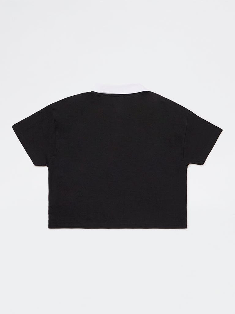 Y&F Kids Girls Black Embroidered Cotton T-Shirt