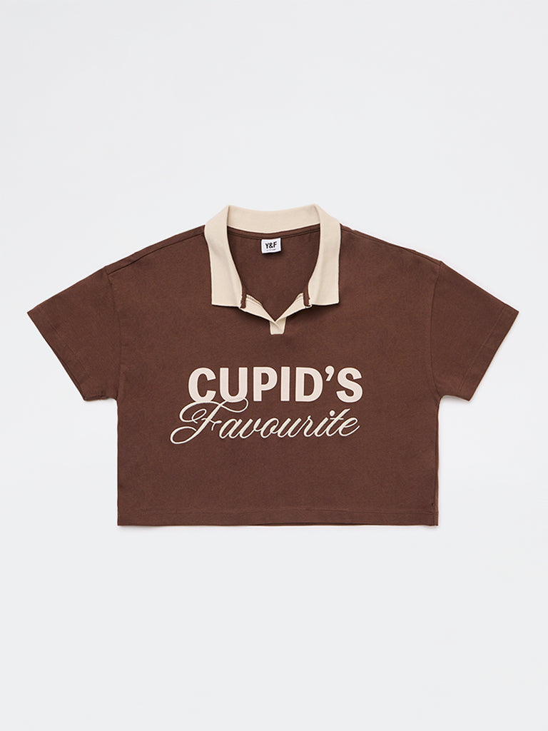 Y&F Kids Girls Brown Embroidered Cotton T-Shirt