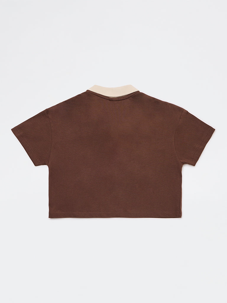 Y&F Kids Girls Brown Embroidered Cotton T-Shirt