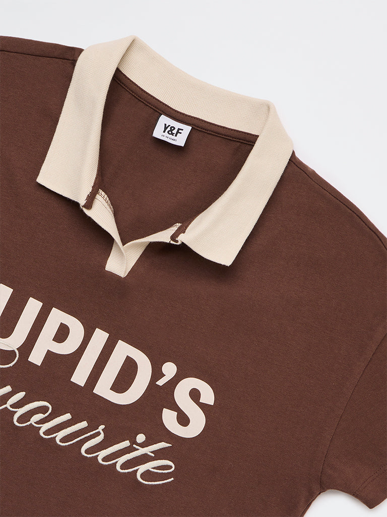 Y&F Kids Girls Brown Embroidered Cotton T-Shirt