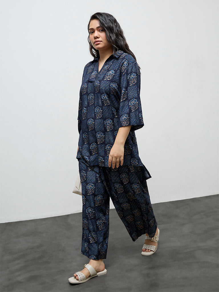 Diza Dark Blue Floral Printed High-Low Tunic