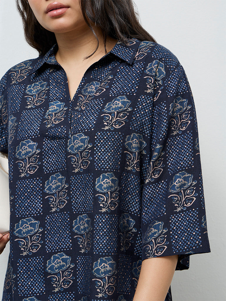 Diza Dark Blue Floral Printed High-Low Tunic