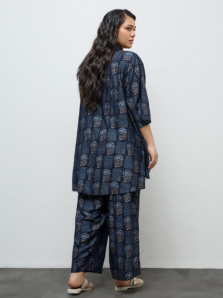 Diza Dark Blue Floral Printed High-Low Tunic