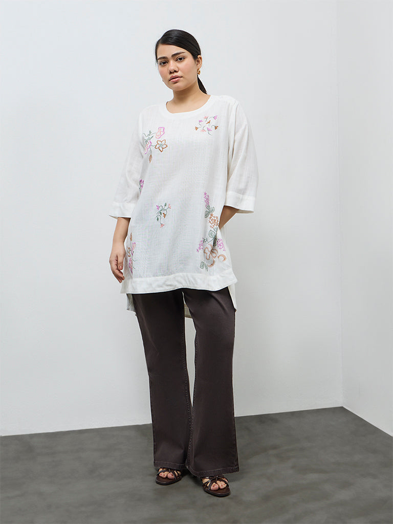 Diza White Floral Embroidered High-Low Tunic