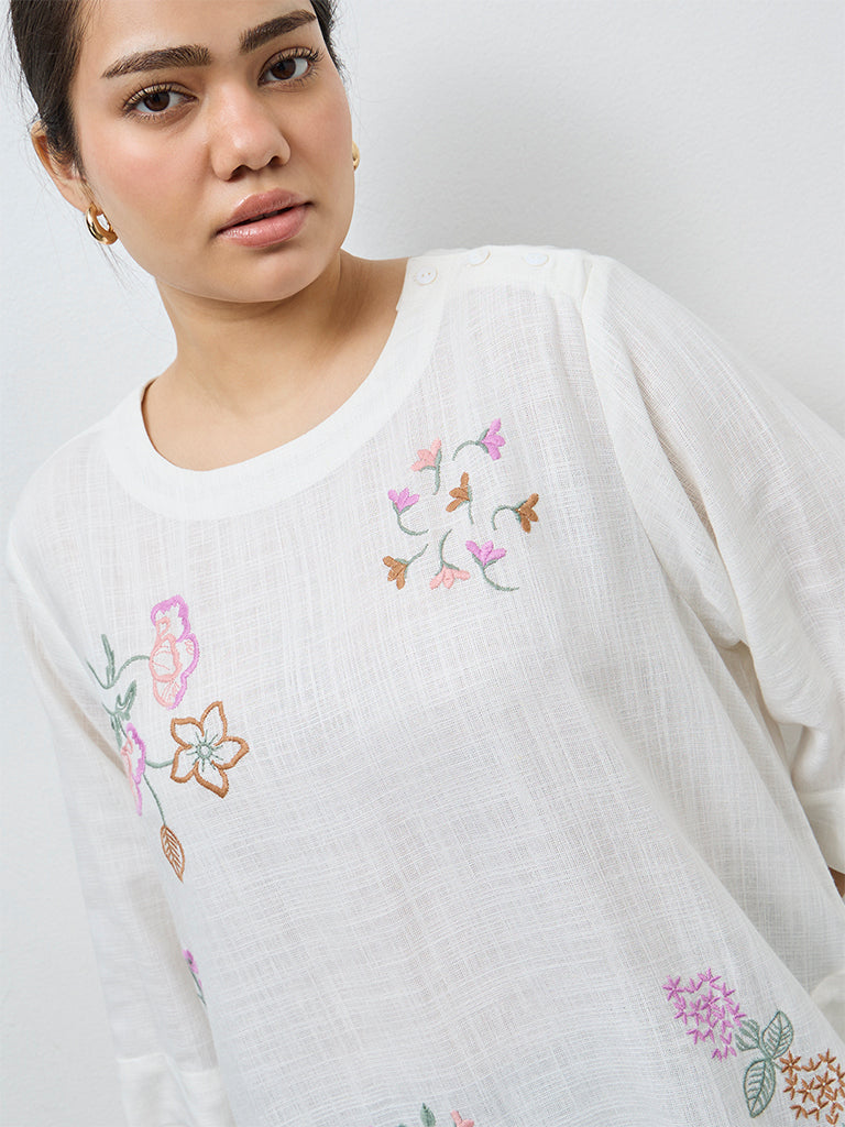 Diza White Floral Embroidered High-Low Tunic