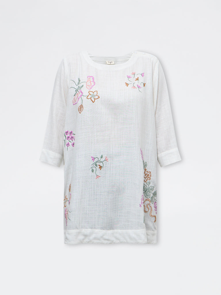Diza White Floral Embroidered High-Low Tunic