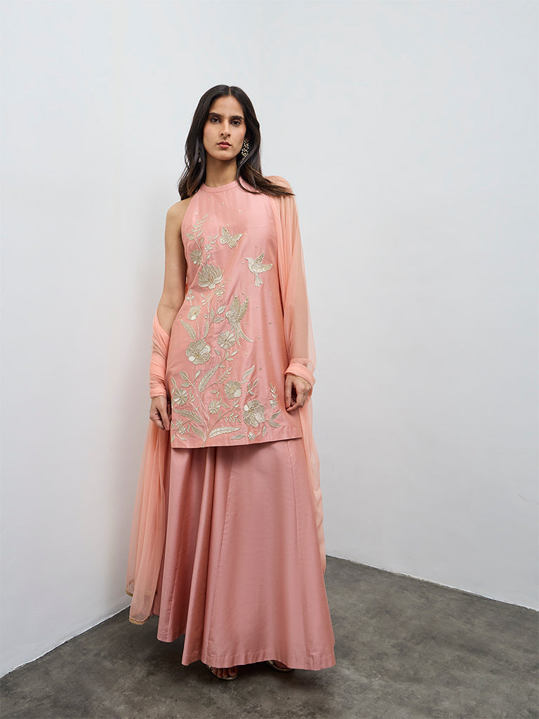 Vark Orange Embroidered Straight Ethnic Set