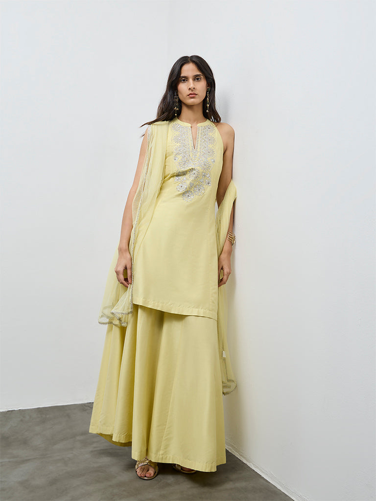 Vark Light Yellow Floral Embroidered A-Line Ethnic Set