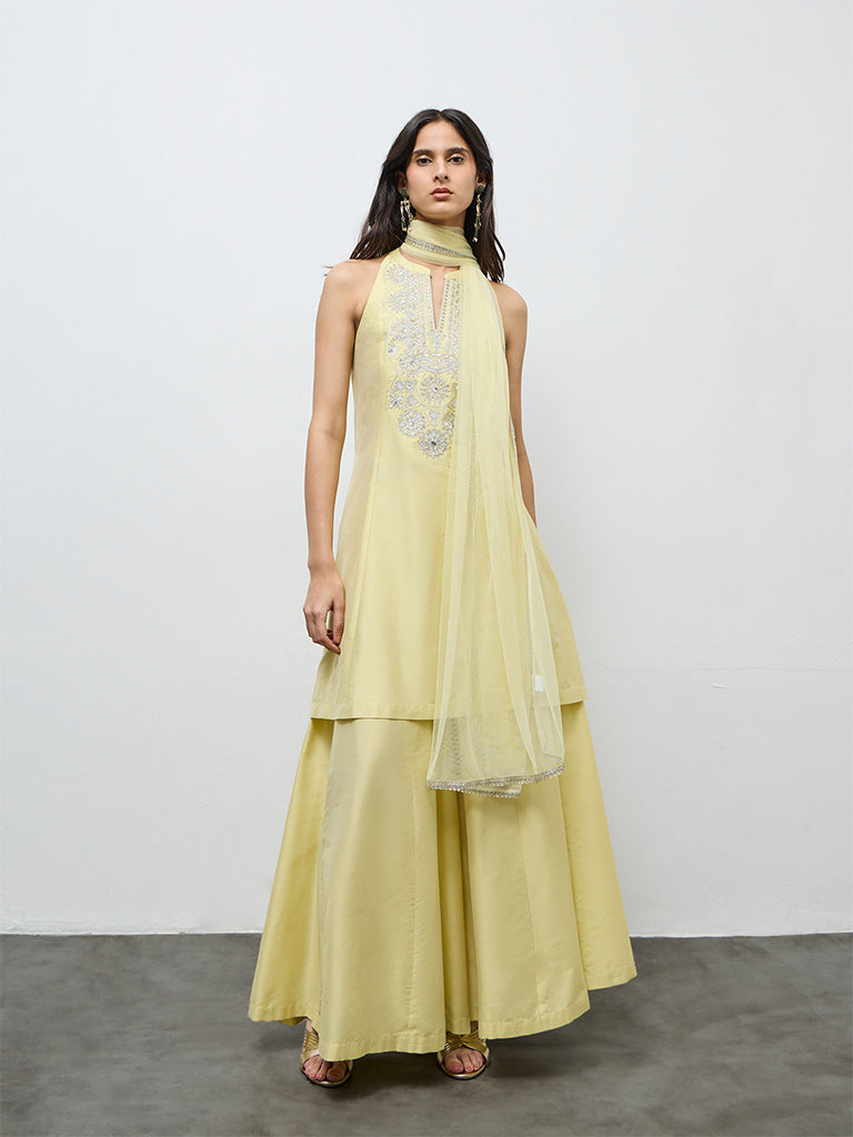 Vark Light Yellow Floral Embroidered A-Line Ethnic Set