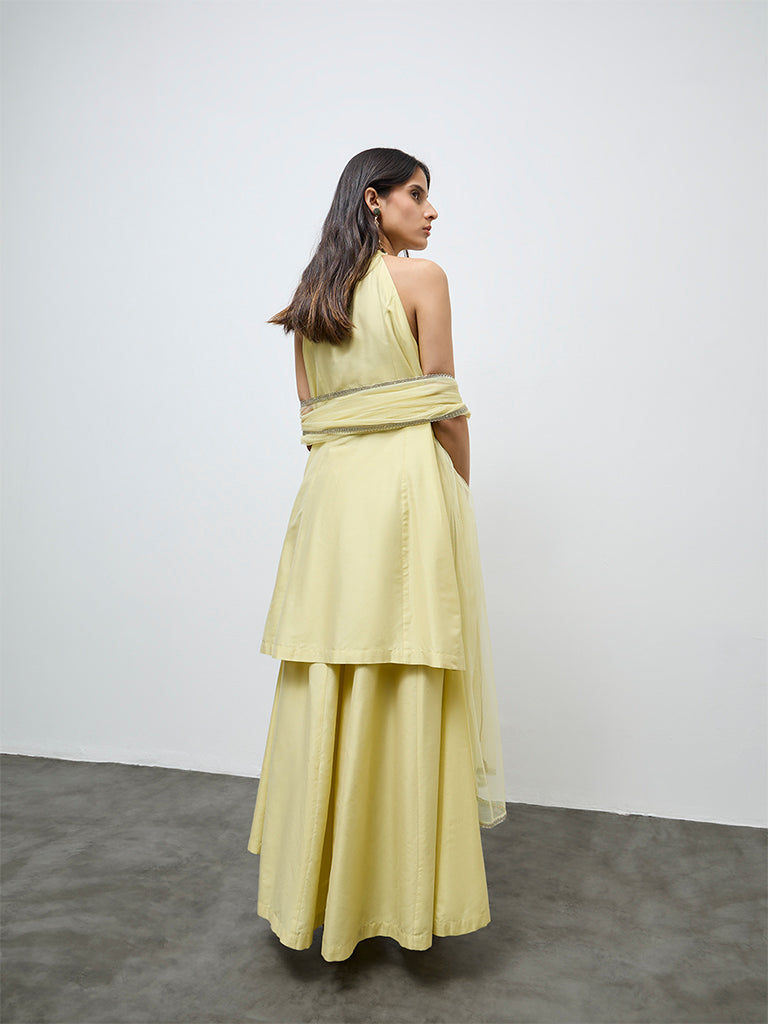 Vark Light Yellow Floral Embroidered A-Line Ethnic Set