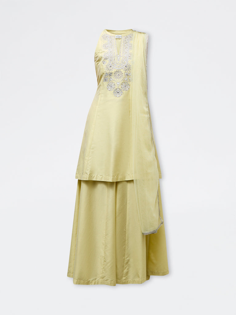 Vark Light Yellow Floral Embroidered A-Line Ethnic Set