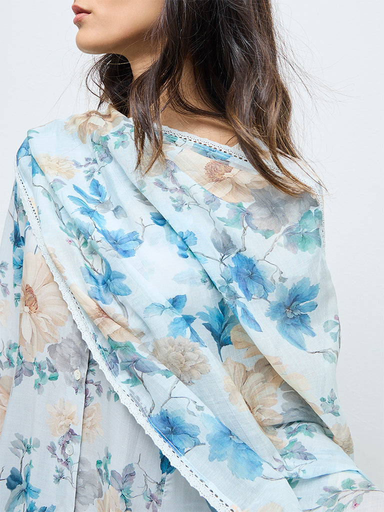 Zuba Blue Floral Pattern Cotton-Blend Dupatta