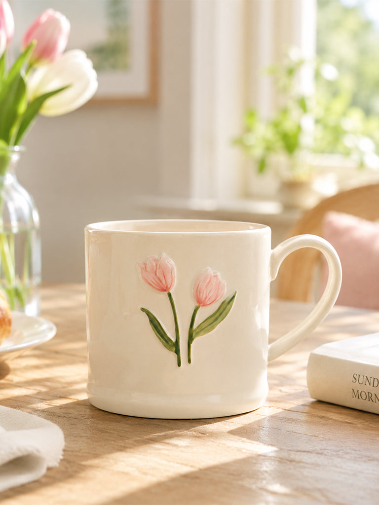 Westside Home Off-White Floral Embossed Ceramic Mug