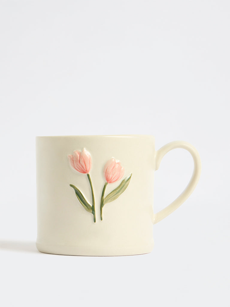 Westside Home Off-White Floral Embossed Ceramic Mug
