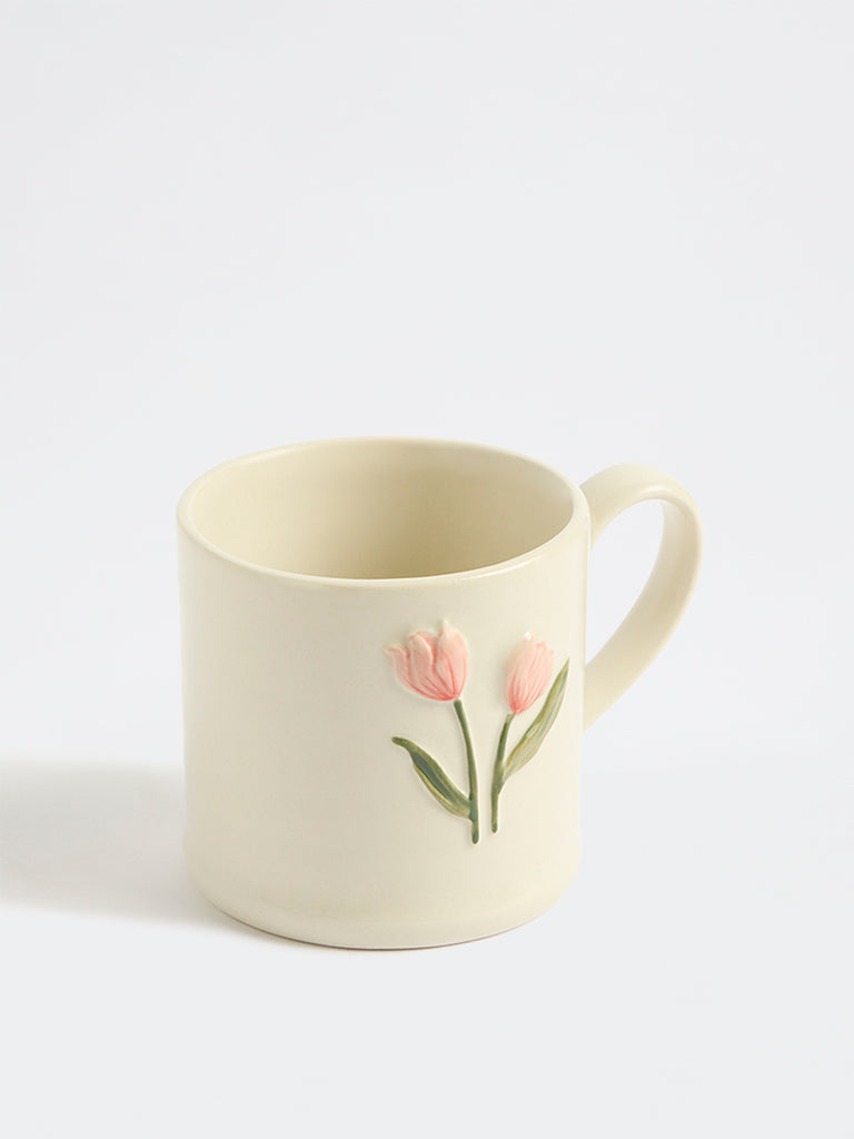 Westside Home Off-White Floral Embossed Ceramic Mug