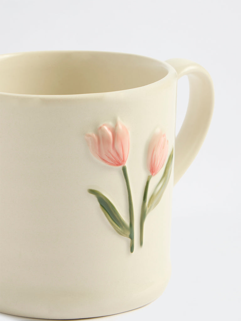 Westside Home Off-White Floral Embossed Ceramic Mug