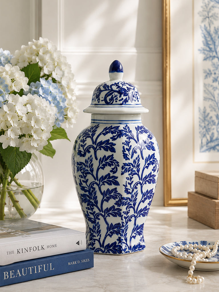 Westside Home Blue Floral Ceramic Ginger Jar