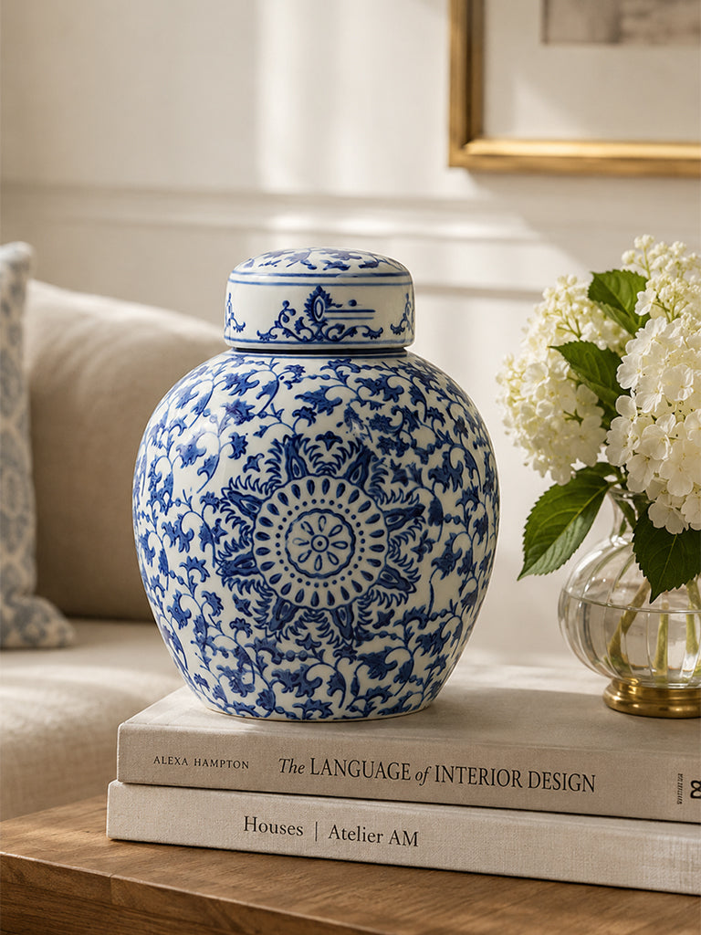 Westside Home Blue Floral Printed Ceramic Ginger Jar
