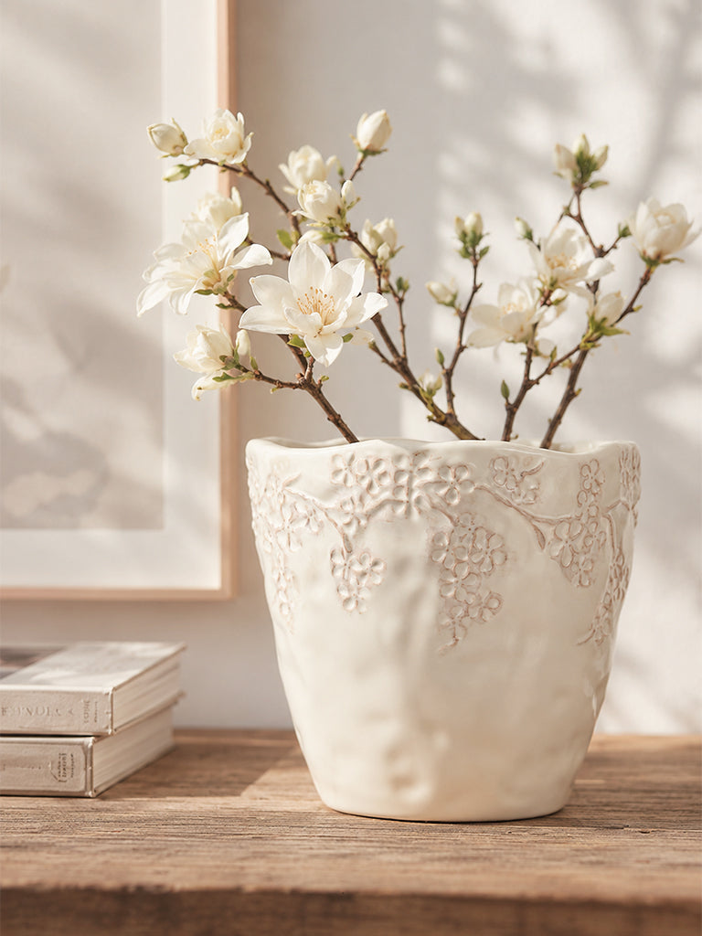 Westside Home White Floral Embossed Ceramic Planter