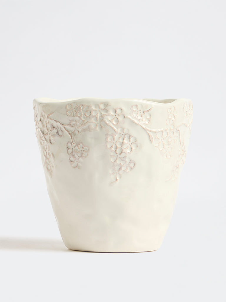 Westside Home White Floral Embossed Ceramic Planter