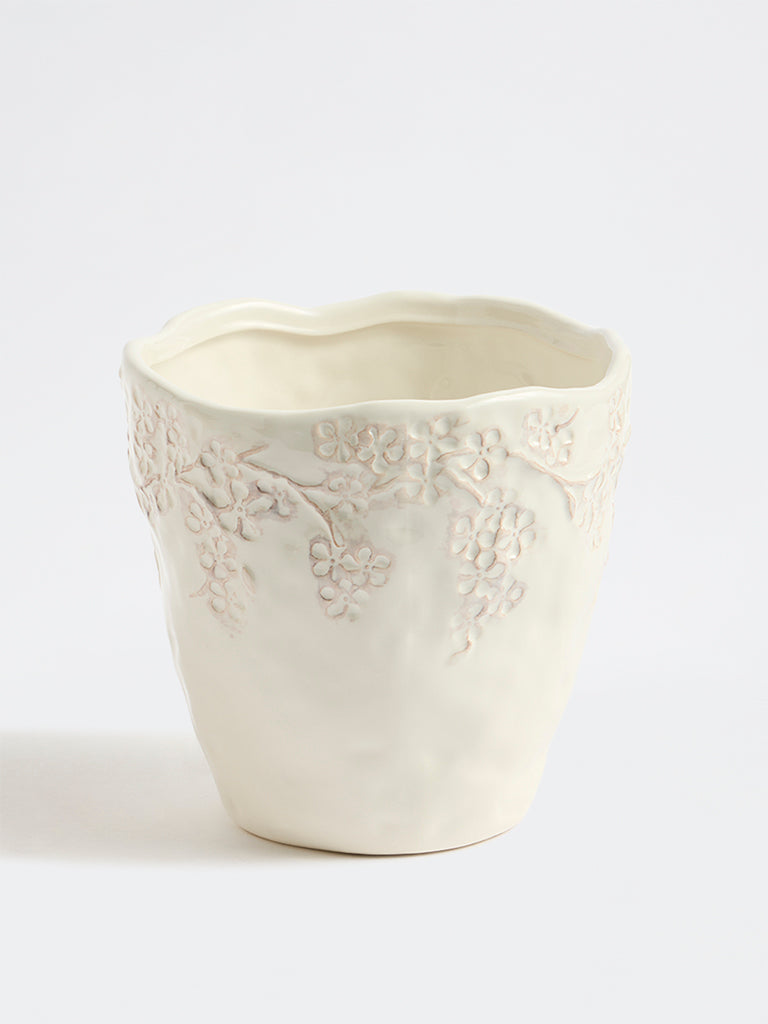 Westside Home White Floral Embossed Ceramic Planter