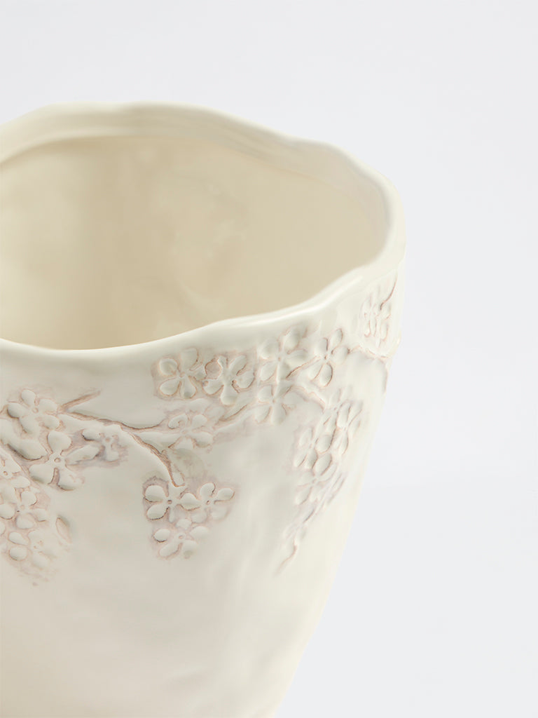 Westside Home White Floral Embossed Ceramic Planter