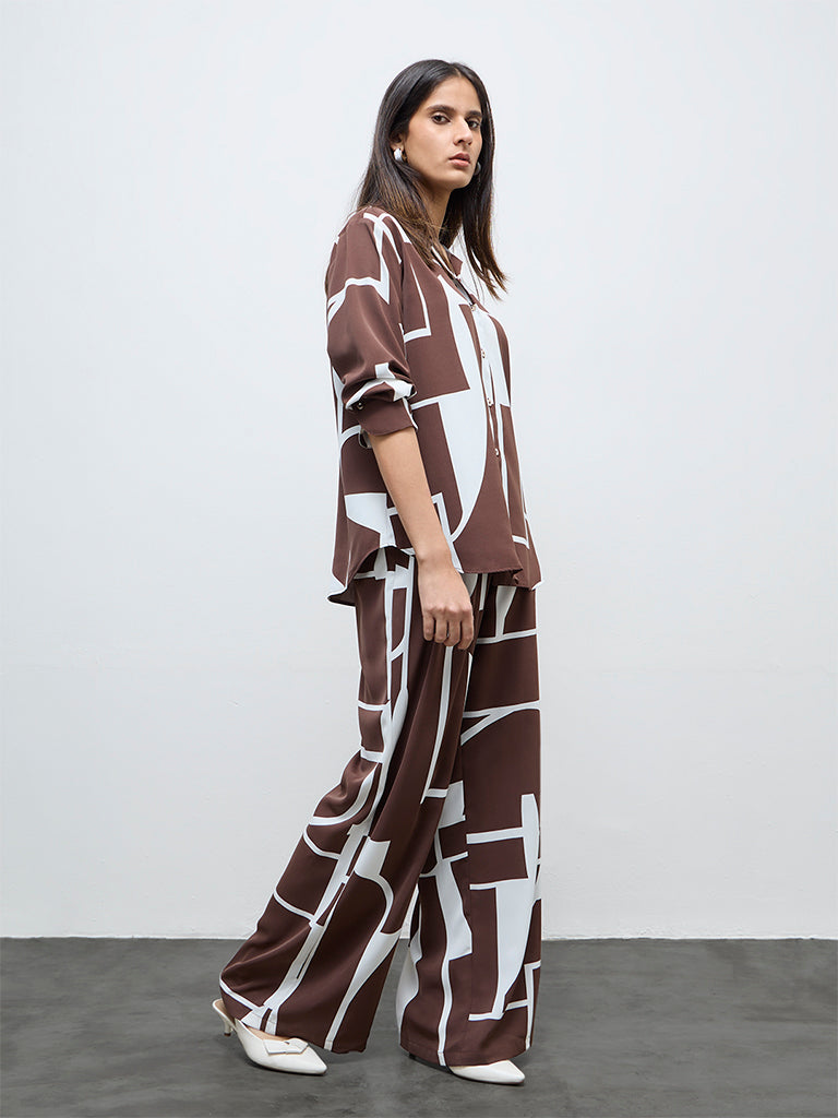 Wardrobe Brown Abstract Printed Shirt