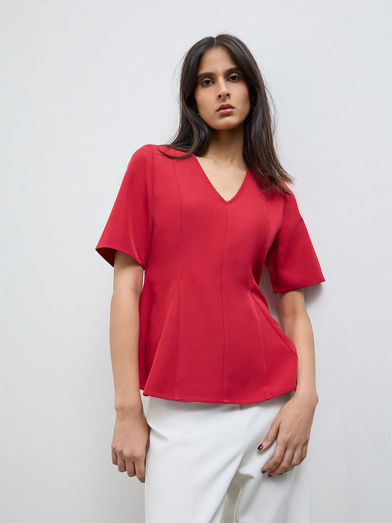 Wardrobe Red Solid Peplum Top