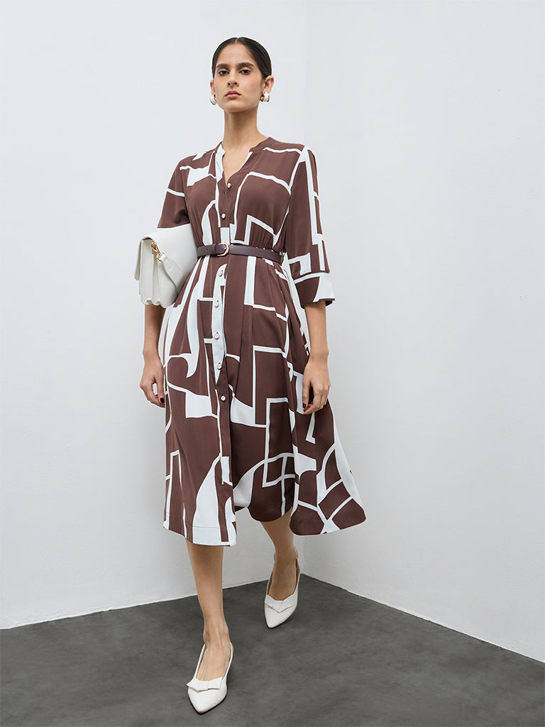 Wardrobe Brown Abstract Design Shirt Dress